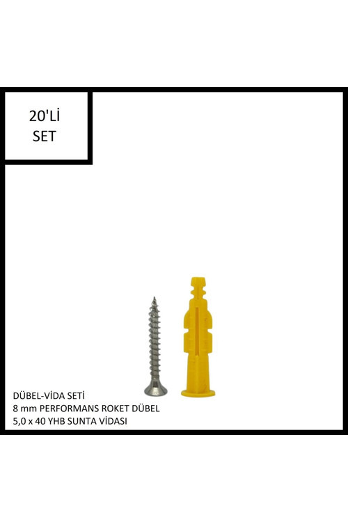 Roket Dübel Vida Seti 20 Adet, 8mm Dübel 5,0x40 Vida