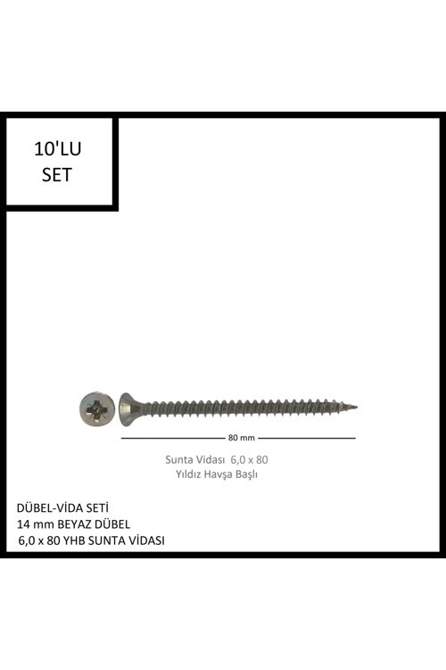 Dübel Vida Seti 10 Adet, 14 Mm Dübel 6,0x80 Vida