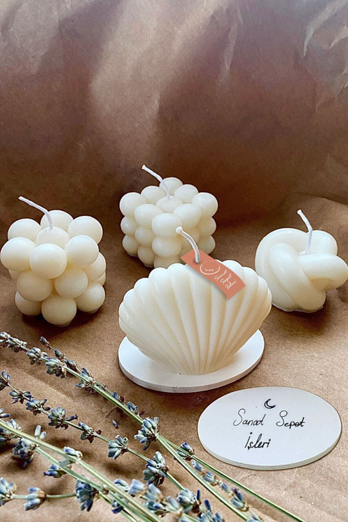 Beyaz Vanilya Kokulu Bubble İstiridye Dekoratif Mum 4Lü