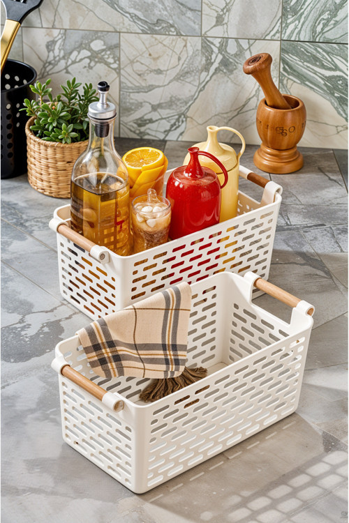 2'Li Set Çok Amaçlı Şık Organizer Plastik Sepet, Buzdolabı Ve Banyo Organizer, 27X15X12Cm, Beyaz