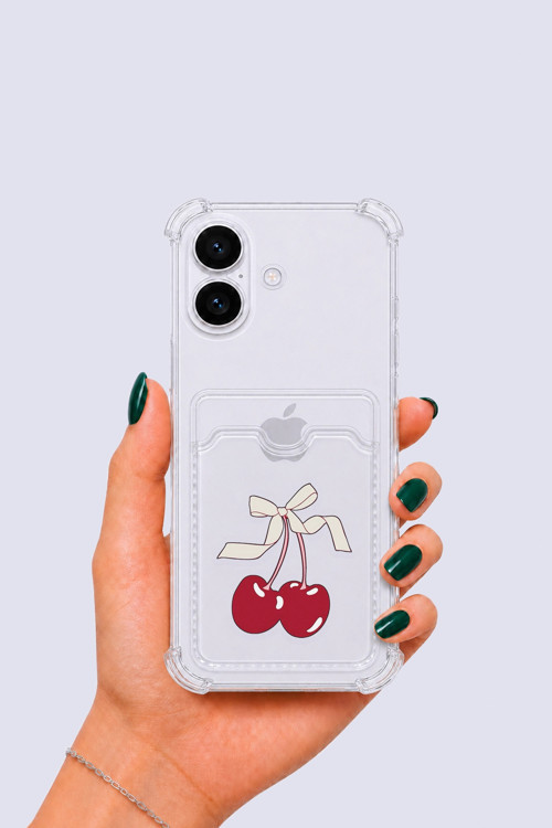 iPhone 17 Kartlıklı Kiraz Desenli Kılıf