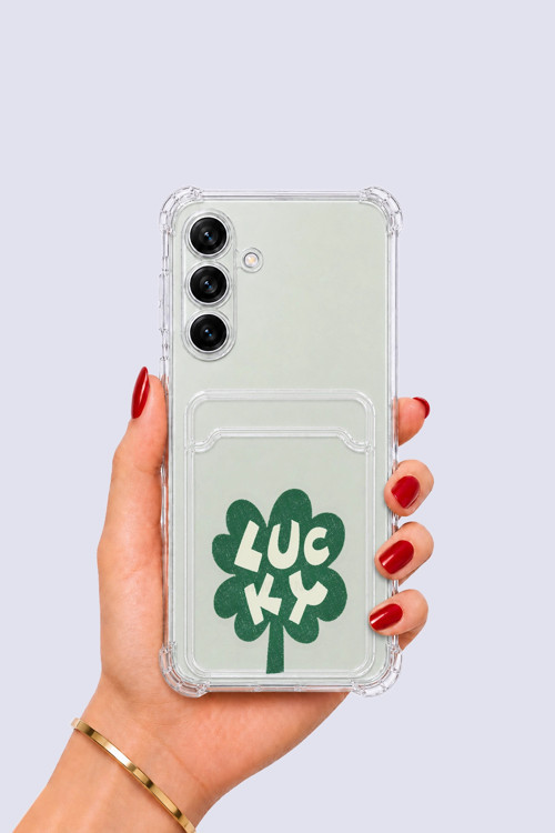 Samsung Galaxy S24 Kartlıklı Lucky Yonca Desenli Kılıf
