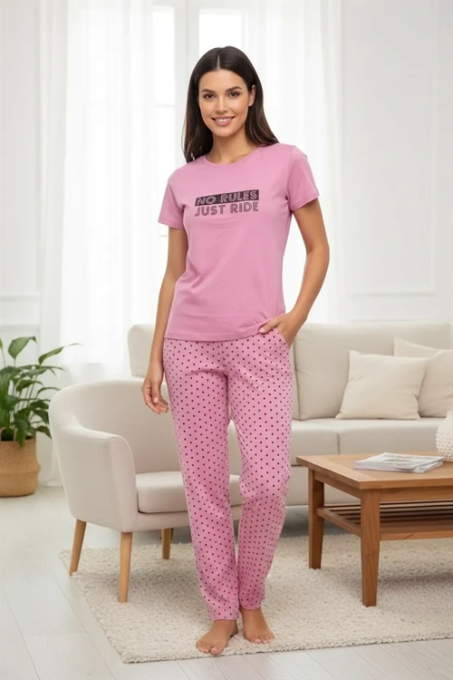 Özel Tasarım Kısa Kol Kadın Penye Pijama Takımı Somon