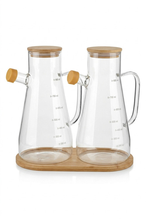 Bambu Standlı 2'li Cam Yağlık Sirkelik Seti 900 ml Ölçekli