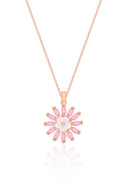 Gümüş Rose Pembe Zirkon Taşlı Manolya Çiçeği Kolye 925 Ayar ST203