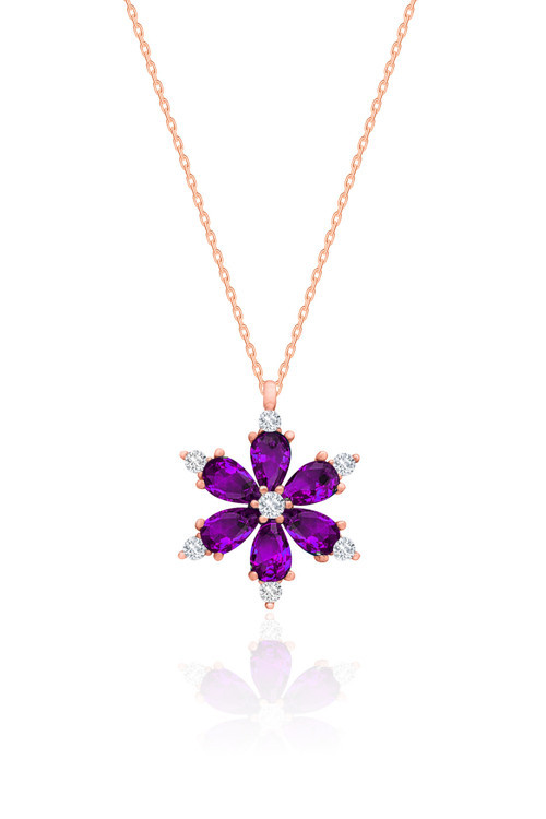 Gümüş Lotus Çiçeği Kolye Ametist Taşlı Rose Kolye 925 Ayar ST199