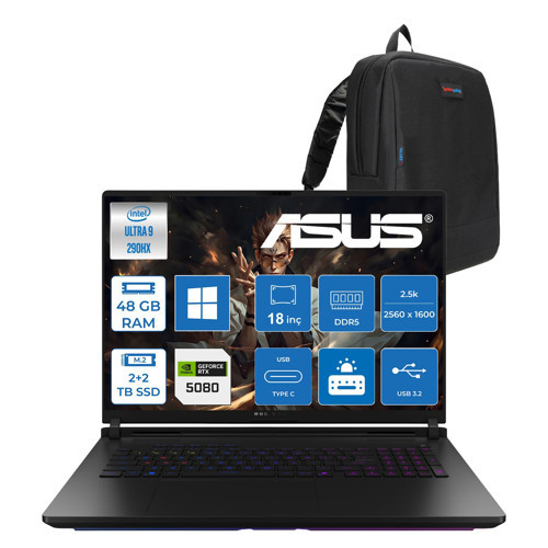 Rog Strix Scar G18 G835LWG-SA375 Ultra 9-290HX Plus Aı 48GB Ddr5 2tb Ssd+2tb SSD 16GB/RTX5080 175W 18-Inch 2.5k (2560 x 1600, Wqxga) 240Hz Mini LED WINDOWS11HOME Gaming ZWSA375H22+ZETTAÇANTA