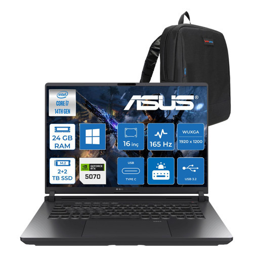Rog Strix G16 G615JPR Intel Core I7 14650HX 24GB Ddr5 2tb Ssd+2tb SSD 8GB/RTX5070 115W 16-Inch 1920 x 1200, Wuxga SRGB100% 165Hz 3ms WINDOWS11HOME Gaming WRV300H06+ZETTAÇANTA