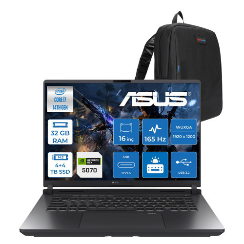 Rog Strix G16 G615JPR Intel Core I7 14650HX 32GB Ddr5 4tb Ssd+4tb SSD 8GB/RTX5070 115W 16-Inch 1920 x 1200, Wuxga SRGB100% 165Hz 3ms Freedos Gaming WRV300F16+ZETTAÇANTA