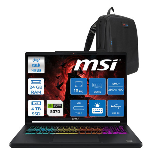 Msı Crosshaır 16 Hx E14WGK-047XTR Intel Core I7-14650HX 24GB Ddr5 4tb SSD 8GB/RTX5070 115W 16” Qhd+ (2560X1600), 240Hz, Ips-Level Freedos Gaming ZW047XTRF07+ZETTAÇANTA