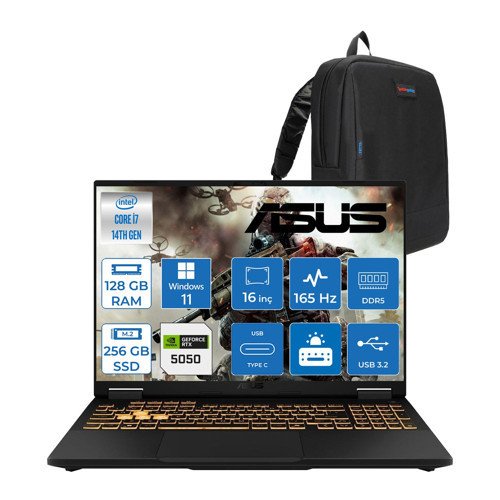 Tuf Gaming F16 FX608JHR 14. Nesil Intel I7-14650HX 128GB Ddr5 256GB SSD 8GB/RTX5050 115W 165Hz 16"wuxga Fhd+ 300NITS IPS WIN11PRO Gaming Bilg. WRV055P26128G + Zettaçanta