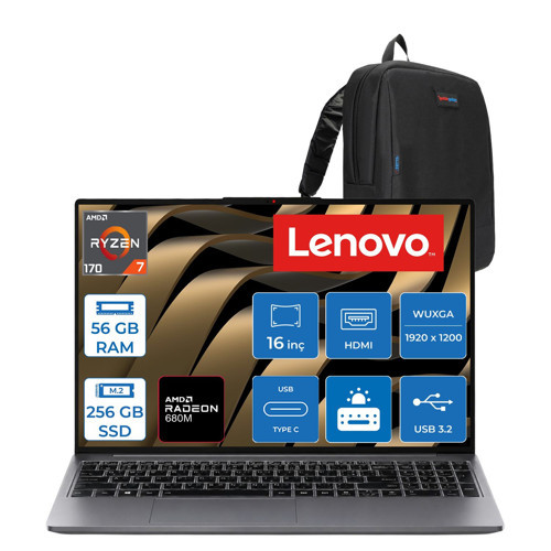 Ideapad Slim 3 16ARP10 Amd Ryzen 7 170 56GB Ddr5 256GB Ssdamd Radeon™ 680M Graphics 16" Wuxga (1920X1200) IPS 300NITS Freedos Taşınabilir Bilgisayar 83K800DKTRF21+ZETTAÇANTA