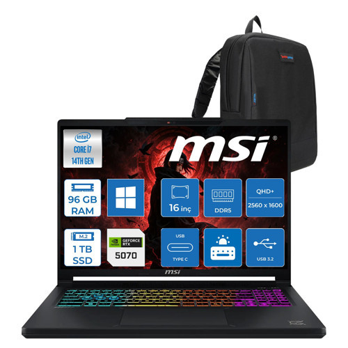 Msı Crosshaır 16 Hx E14WGK-047XTR Intel Core I7-14650HX 96GB Ddr5 1tb SSD 8GB/RTX5070 115W 16” Qhd+ (2560X1600), 240Hz, Ips-Level WINDOWS11PRO Gaming ZW047XTRP43+ZETTAÇANTA