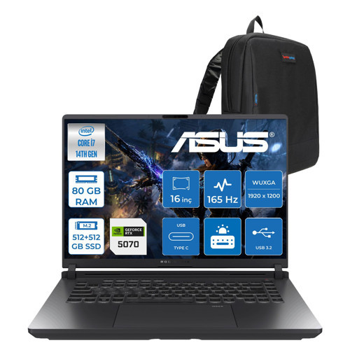 Rog Strix G16 G615JPR Intel Core I7 14650HX 80GB Ddr5 512GB+512GB SSD 8GB/RTX5070 115W 16-Inch 1920 x 1200, Wuxga SRGB100% 165Hz 3ms Freedos Gaming WRV300F34+ZETTAÇANTA