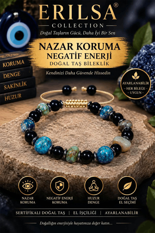 Sertifikalı Nazar Koruma Negatif Enerji Doğal Taş Bileklik – Mavi Akik, Obsidyen