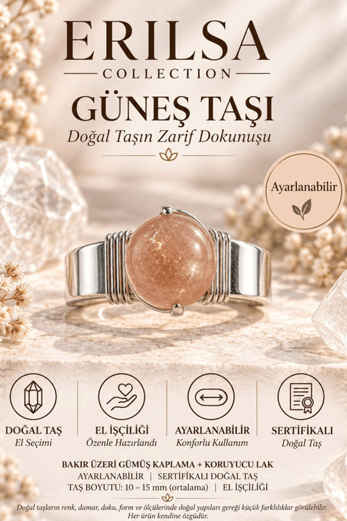 Sertifikalı Doğal Güneş Taşı Ayarlanabilir El İşçiliği Gümüş Renk Yüzük Aslan Koç Yay