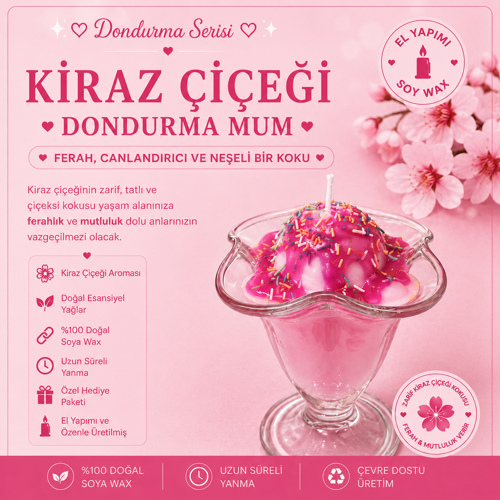 Dondurma Serisi Kiraz Çiçeği Kokulu Pembe Dondurma Mum – El Yapımı Soya Mum