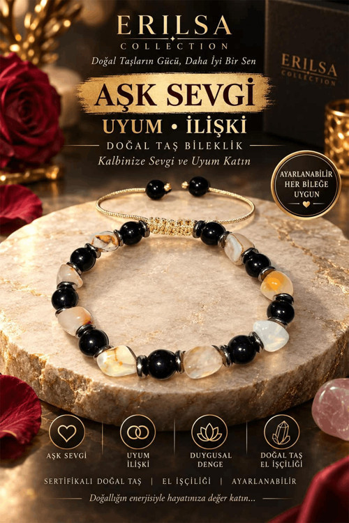 Sertifikalı Aşk Sevgi Uyum İlişki Doğal Taş Bileklik - Doğal Şeffaf Beyaz Akik, Obsidyen