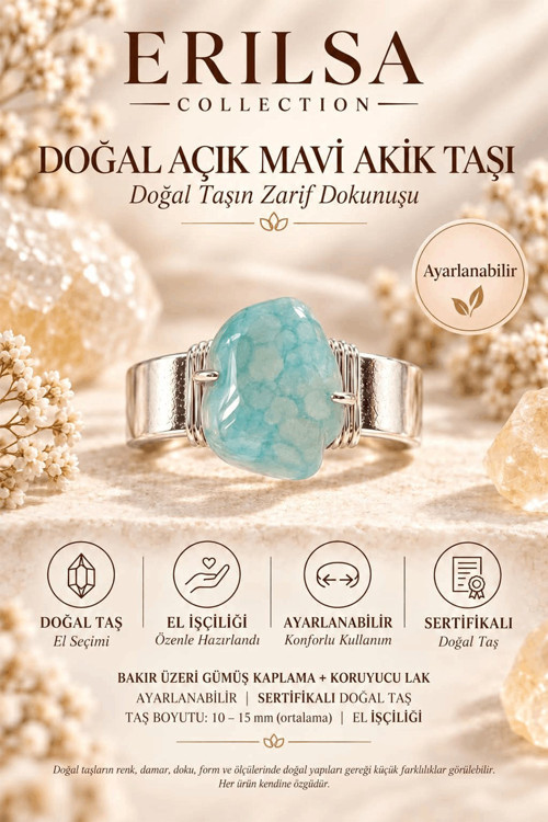 Sertifikalı Açık Mavi Akik Taşı Doğal Taş Yüzük Gümüş Kaplama Bakır Kasa Ayarlanabilir