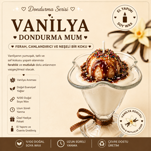 Dondurma Serisi Vanilya Kokulu Krem Rengi Dondurma Mum – El Yapımı Soya Mum