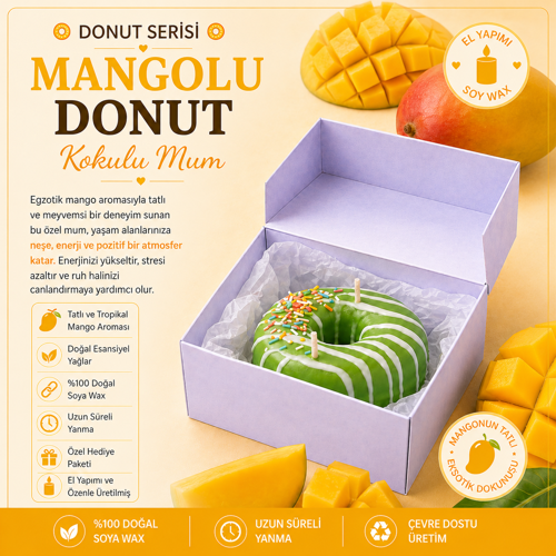 Donut Serisi Mango Kokulu Çift Fitilli Yeşil Donut Mum – El Yapımı Soya Mum