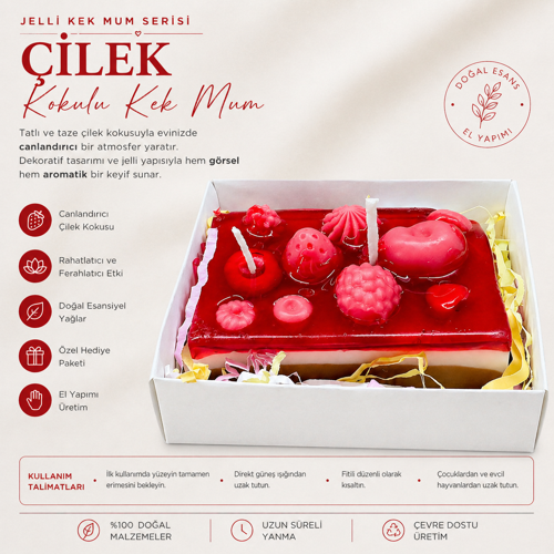 Jelli Kek Serisi Çilek Kokulu Kırmızı Jelli Kek Mum – El Yapımı Soya ve Jel Mum