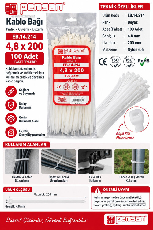 Klips Kablo Bağı 4.8x200 BEYAZ (100lü Paket) Kablo Cırdı