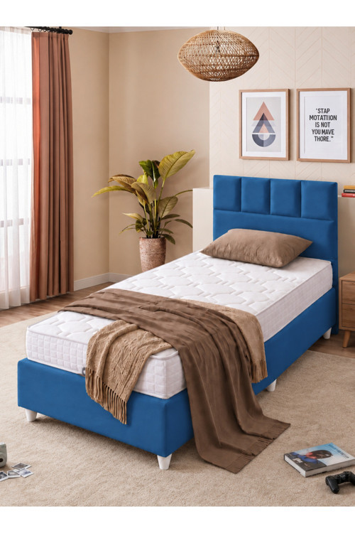 Baza Seti, Monaco Tek Kişilik Baza Başlık Maxi Yatak Seti, Mavi - 90x190 cm