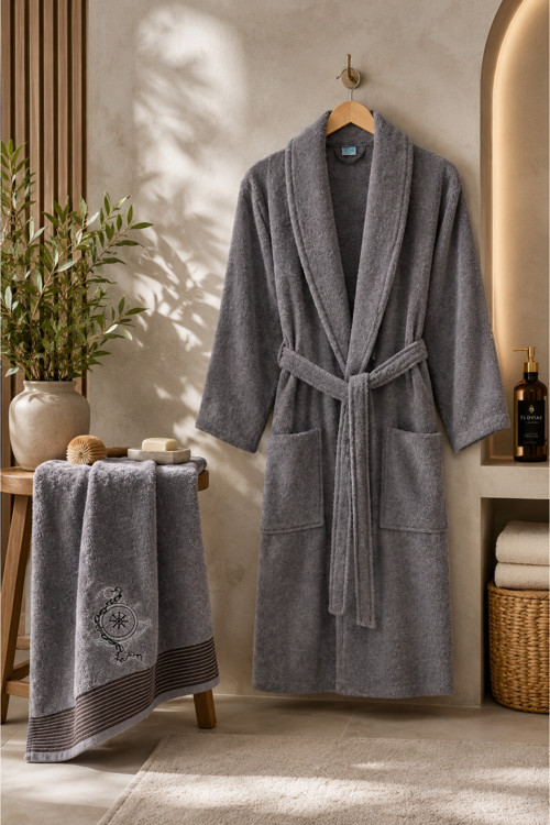 Havlulu Bornoz 2'li Set | Bornoz + 50 x 85 cm Baş Havlusu, Pamuklu, Cepli, Spa ve Otel Konforu