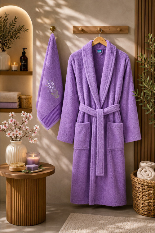 Havlulu Bornoz 2'li Set | Bornoz + 50 x 85 cm Baş Havlusu, Pamuklu, Cepli, Spa ve Otel Konforu