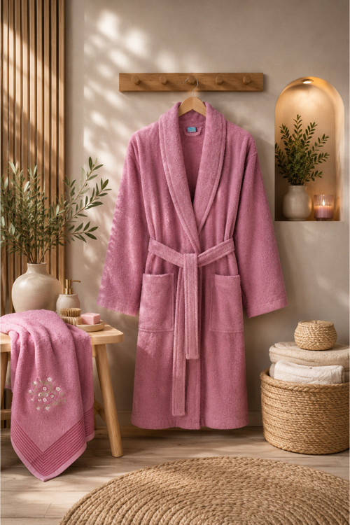 Havlulu Bornoz 2'li Set | Bornoz + 50 x 85 cm Baş Havlusu, Pamuklu, Cepli, Spa ve Otel Konforu