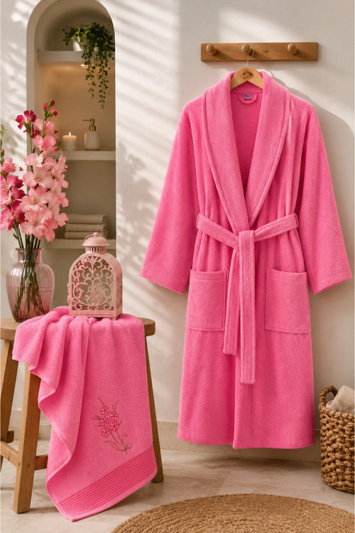Havlulu Bornoz 2'li Set | Bornoz + 50 x 85 cm Baş Havlusu, Pamuklu, Cepli, Spa ve Otel Konforu