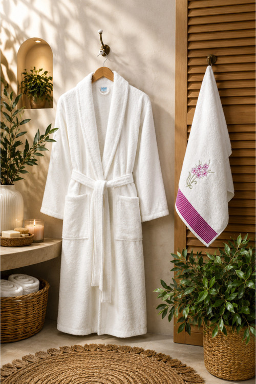 Havlulu Bornoz 2'li Set | Bornoz + 50 x 85 cm Baş Havlusu, Pamuklu, Cepli, Spa ve Otel Konforu