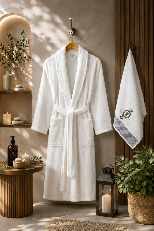 Havlulu Bornoz 2'li Set | Bornoz + 50 x 85 cm Baş Havlusu, Pamuklu, Cepli, Spa ve Otel Konforu