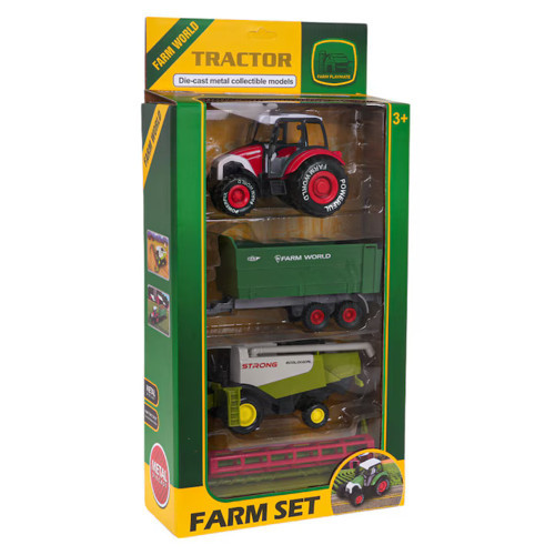 Farm World 4 Parça Metal Tarım Araçları Çiftlik Seti – Traktör, Römork ve Biçerdöver Oyuncak Seti