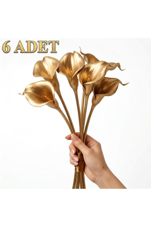 Yapay Gold Kala Çiçeği Demeti 34 cm – Altın Sarısı Islak Dokulu Gala Çiçek Vazo Aranjmanı
