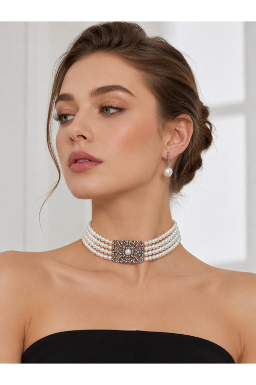 Choker İnci Kolye ve İnci Küpe Seti Zirkon Taşlı Otantik Tasarım