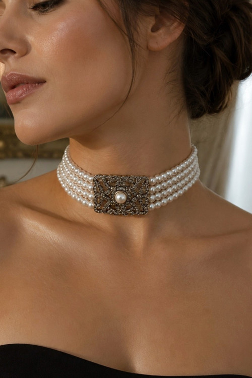 Choker İnci Kolye Zirkon Taşlı Otantik Tasarım
