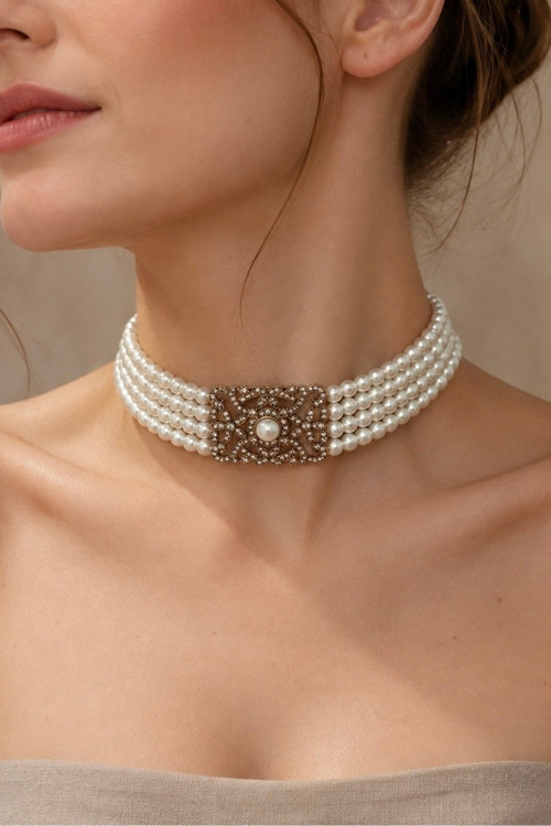 Choker İnci Kolye Zirkon Taşlı Otantik Tasarım