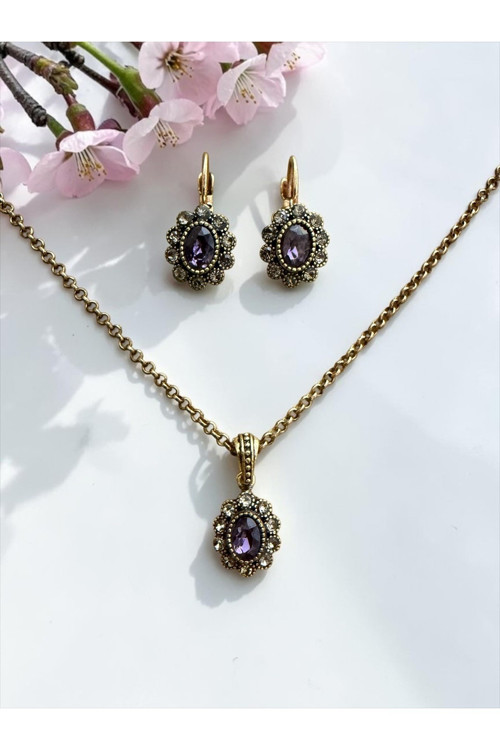 Kristal Taşlı Oval Kolye ve Küpe Seti