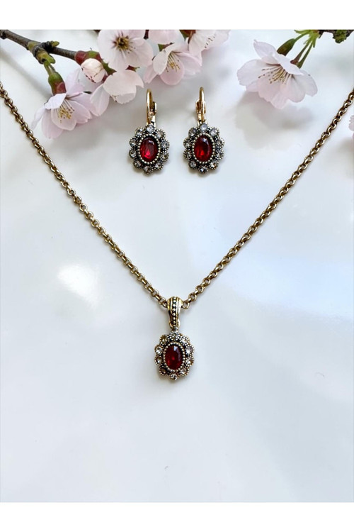 Kristal Taşlı Oval Kolye ve Küpe Seti