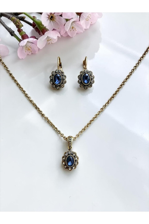 Kristal Taşlı Oval Kolye ve Küpe Seti