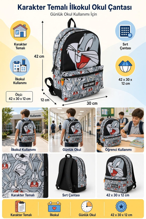 İlkokul Okul Çantası Bugs Bunny Öğrenci Günlük Sırt Çantası 42x30x12 cm