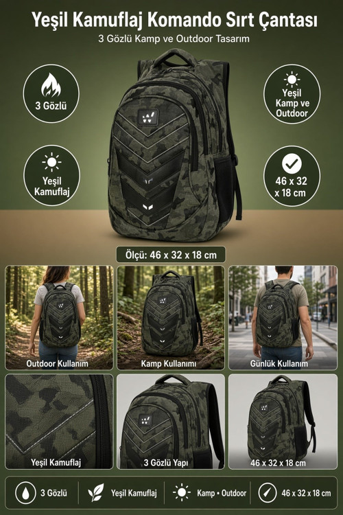 Komando Sırt Çantası Yeşil Kamuflaj 3 Gözlü Kamp ve Outdoor 46x32x18 cm