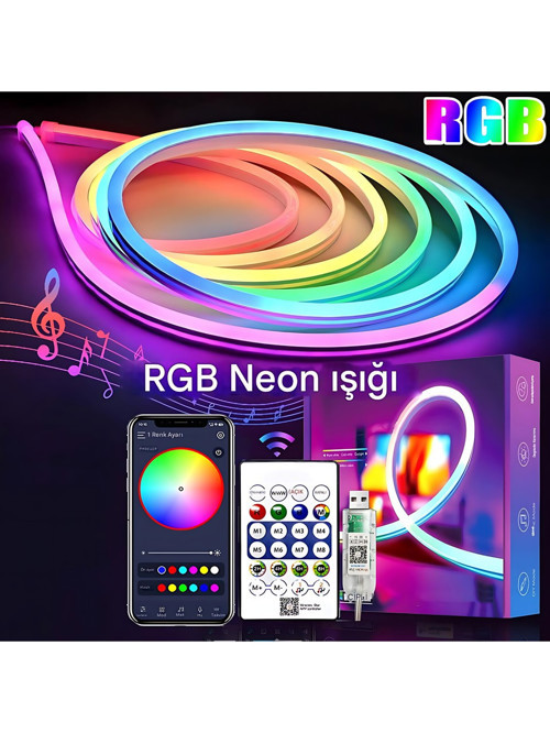 Rohs 5V Rgb Neon Şerit LED Lamba 5 Metre Kumanda ile Kontrol Sınırsız Renk Tak Çalıştır