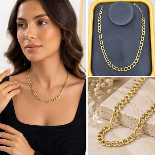 💎 Premium Parlak ve Şık Gold Renk Kalın Zincir 316L Çelik Kadın Kolye (45cm)