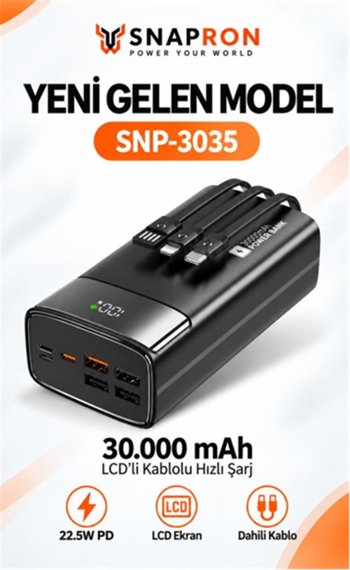 SNP-3035 30.000 Mah LCD Ekran Dahili Kablolu 22.5w Hızlı Şarj Powerbank