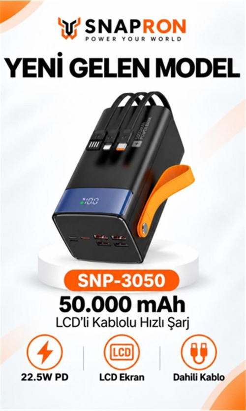 SNP-3050 50.000 Mah LCD Ekran Dahili Kablolu 22.5w Hızlı Şarj Powerbank