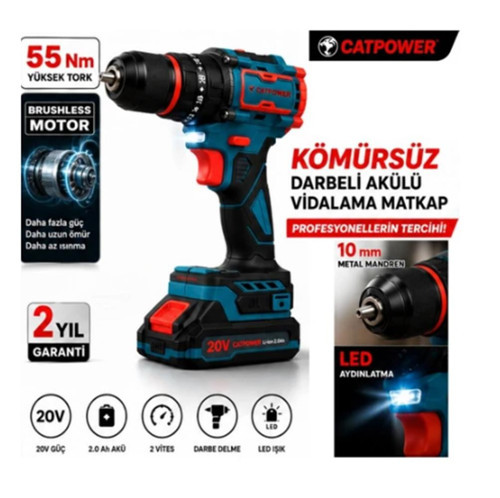 1050 Kömürsüz Darbeli Şarjlı Matkap Vidalama 20V 2.0AH 55 Nm Brushless Çift Akülü 70 Parça