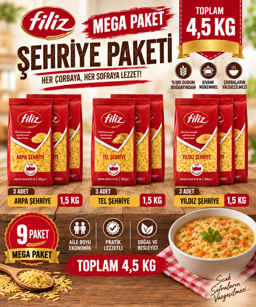 Mega Şehriye Seti 9 x 500 g | 3 Tel -3 Arpa - 3 Yıldız Şehriye | Çorbalık ve Yemeklik Ekonomik Aile Paketi